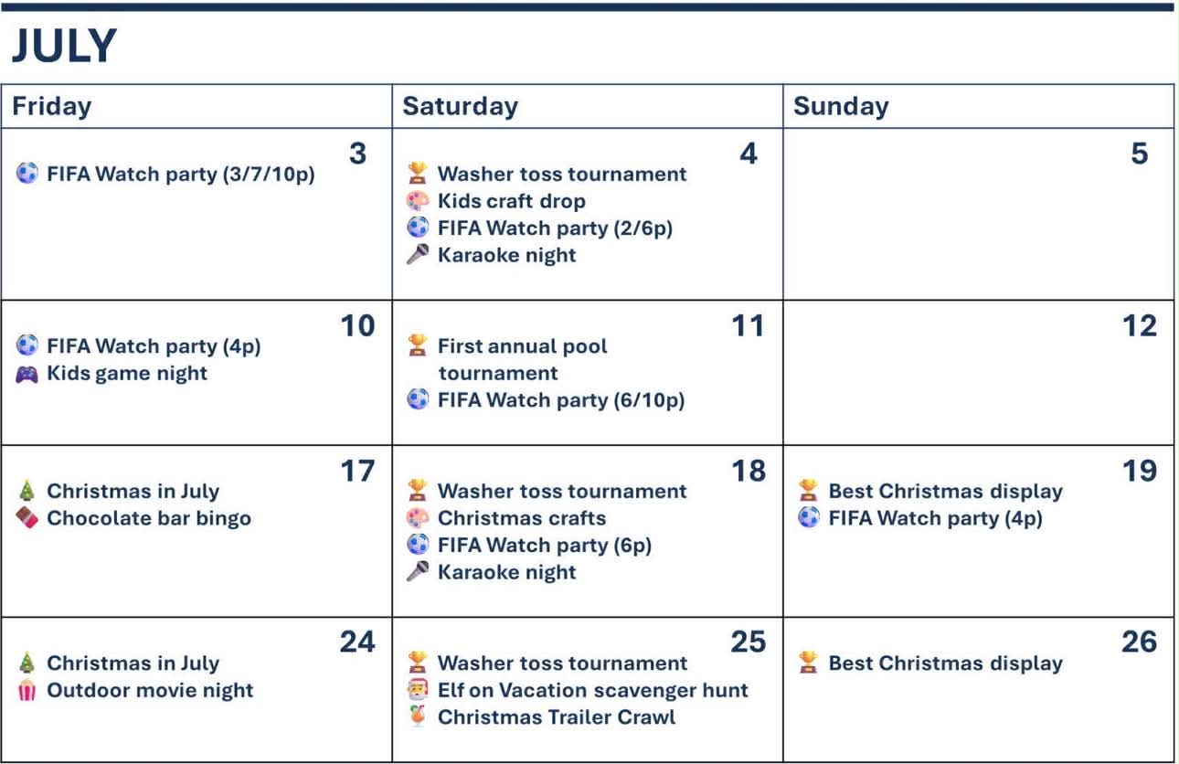 July Events 2026 Coy Lake Camping