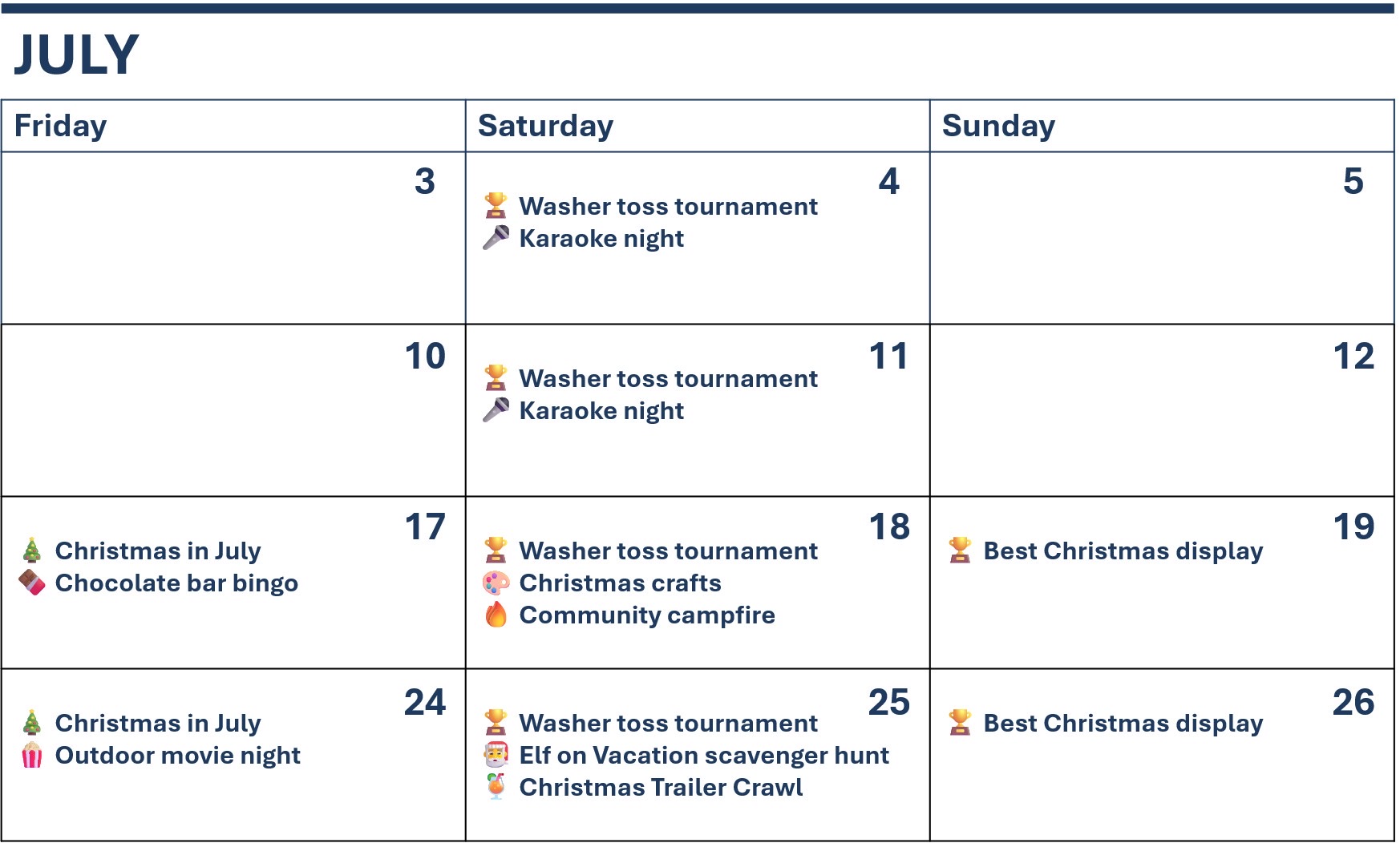 July events at Coy Lake Camping in New Brunswick. Christmas in July and Karaoke are exciting things planned in July